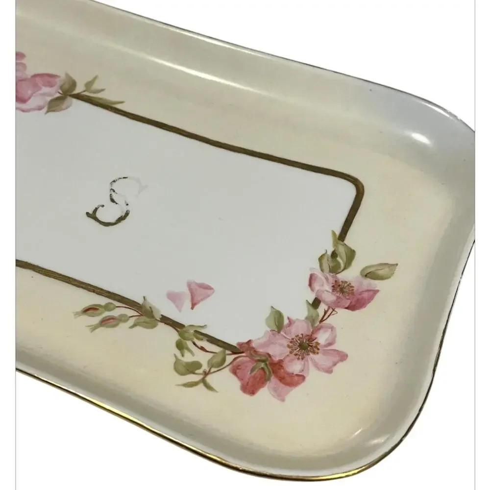 Vintage porcelain 0.& E.G. Royal Austria vanity 4 piece tray set pink floral